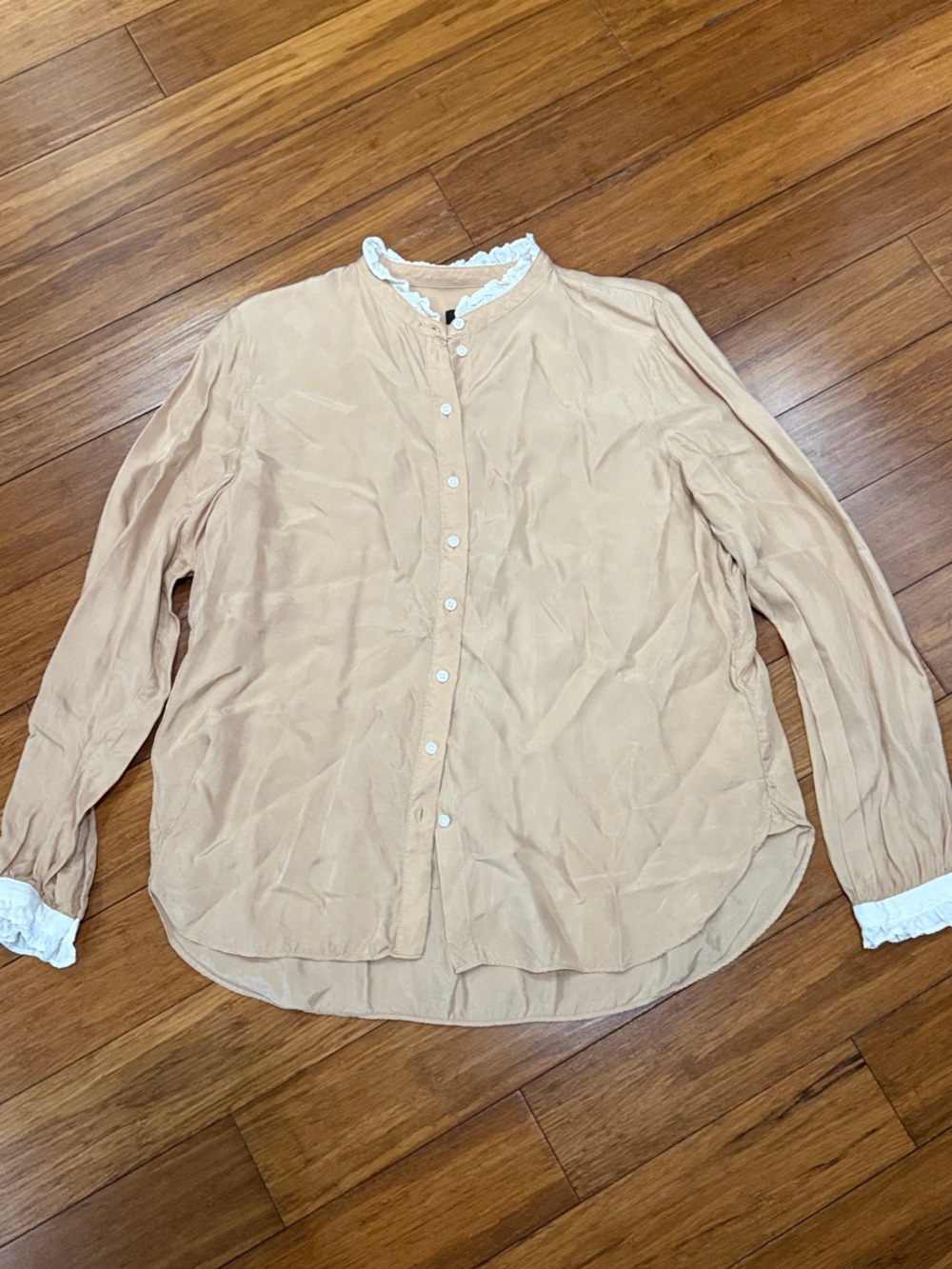 J. Crew Cream-Beige Button-Down Shirt with Lace Trim L